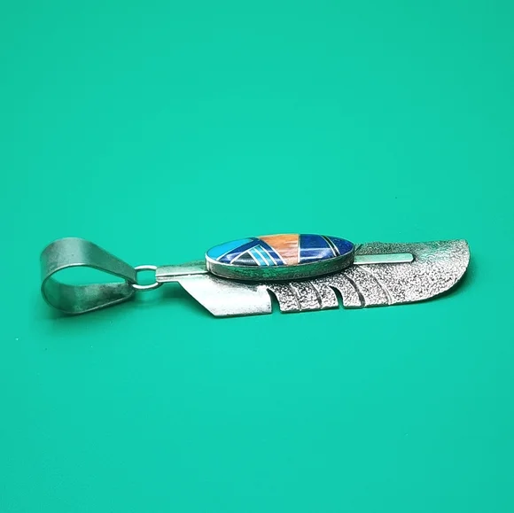 G. Howe Navajo Sterling Feather Pendant with Multi-stone Inlay - Picture 2 of 6